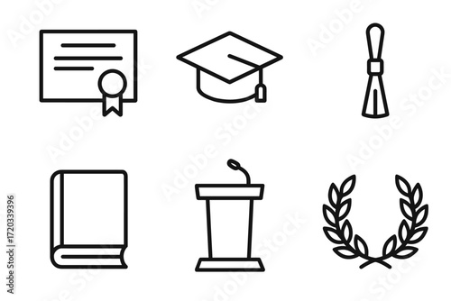 Graduation symbols: diploma, cap, scroll, book, podium, laurel wreath icons