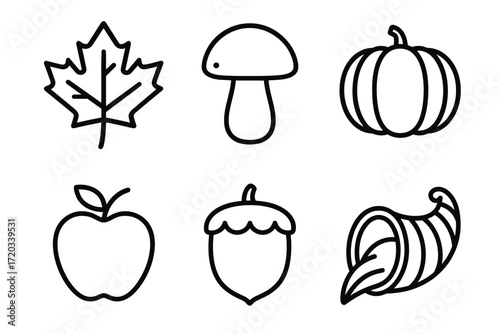 Set of autumn symbols: leaf, mushroom, pumpkin, apple, acorn, cornucopia outlines