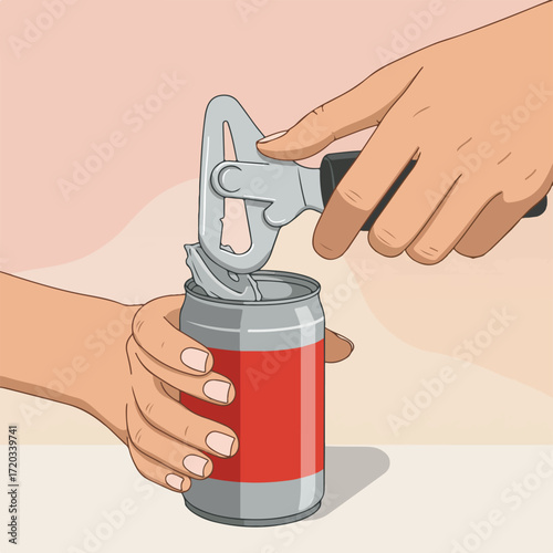 Hands opening a red and grey can with a grey metal can opener tool