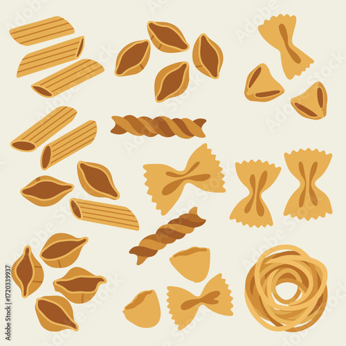 Variety of pasta shapes penne, shells, bowties, fusilli, nest on cream background