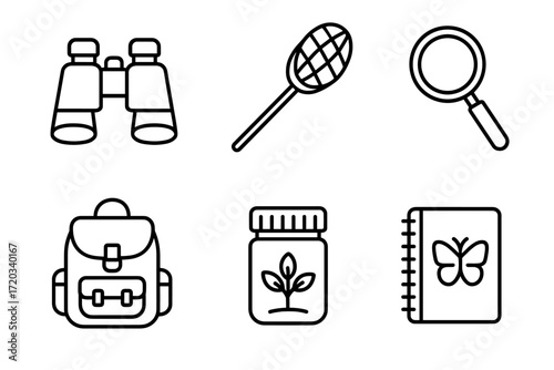 Line art icons: binoculars, butterfly net, magnifying glass, backpack, jar, notebook