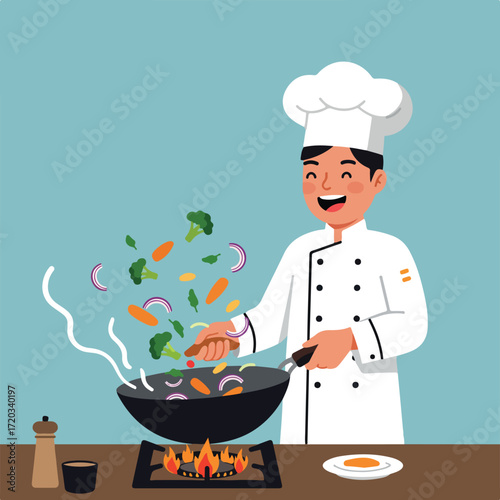 Happy chef tosses vegetables in a wok over flames on a gas stove