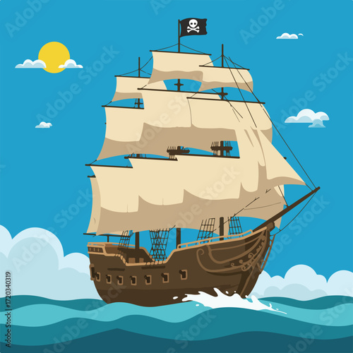 Cartoon pirate ship sails on ocean waves under a bright sun and fluffy clouds