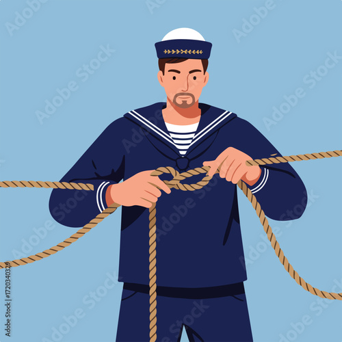 Man in sailor uniform tying a knot with rope on a light blue background