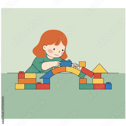 Girl builds colorful block bridge