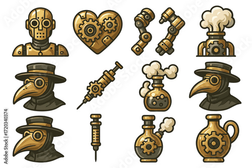 Steampunk icons: robots, plague doctor masks, and gears collection