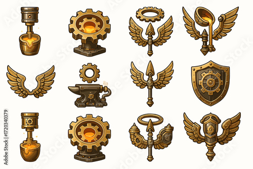 Steampunk emblems: gears, wings, shields, and anvils in vintage bronze design