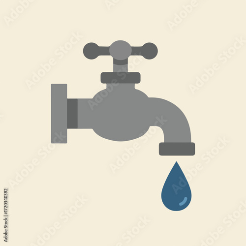 Gray faucet with a single blue water drop on a beige background