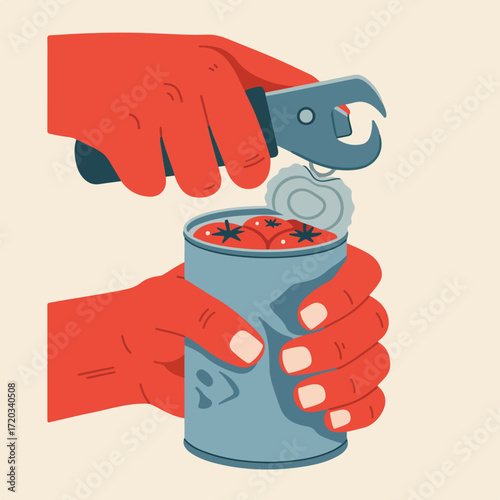 Hands use a can opener on canned tomatoes