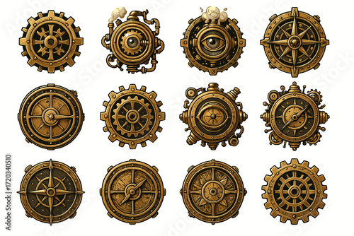 Intricate steampunk gears and cogs with eyeball in brass tones