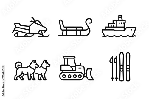 Winter transport icons: snowmobile sled ship dogsled snowplow skis