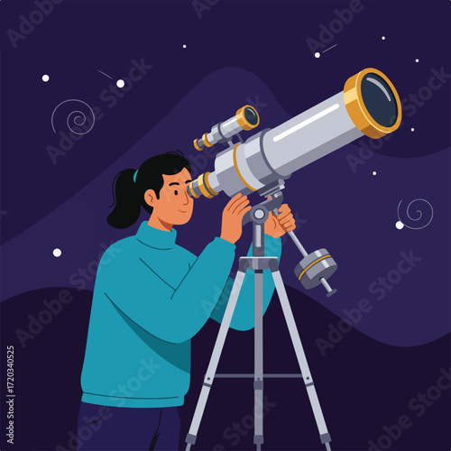 Woman gazes through a telescope on a tripod at the night sky with stars