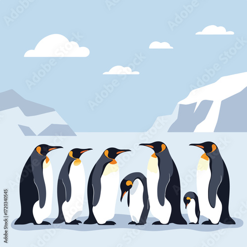 Penguins stand in a line against a landscape with snow-capped hills and cloudy sky