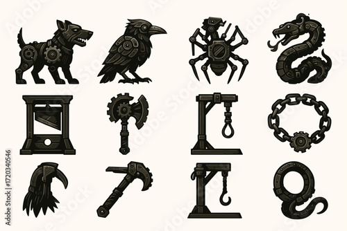 Steampunk animal and device icons: mechanical dog, bird, spider, snake and torture instruments