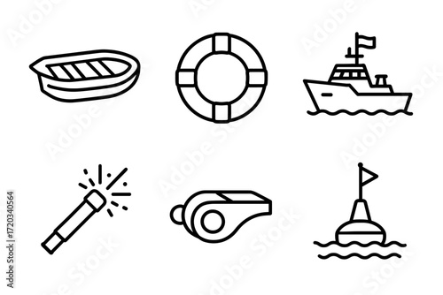 Essential maritime icons: boat, lifebuoy, ship, flare, whistle, buoy