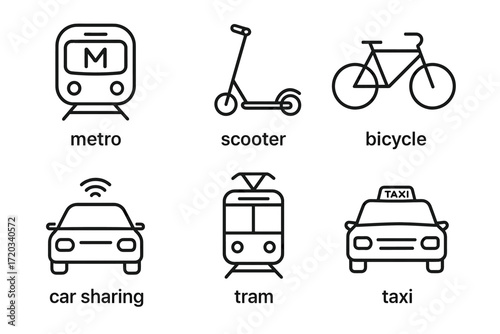 Urban transportation icons: metro, scooter, bicycle, car sharing, tram, taxi