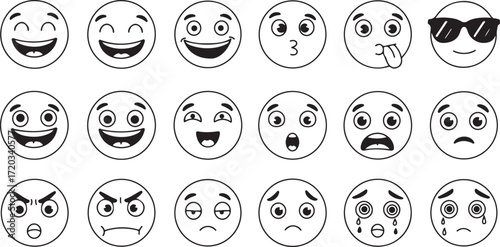 Diverse collection of playful emojis portraying a range of human emotions from joyful laughter to deep sorrow in simple