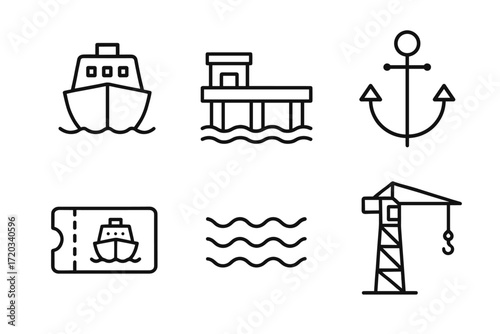 Maritime icons: ship, pier, anchor, ticket, waves, crane - nautical collection