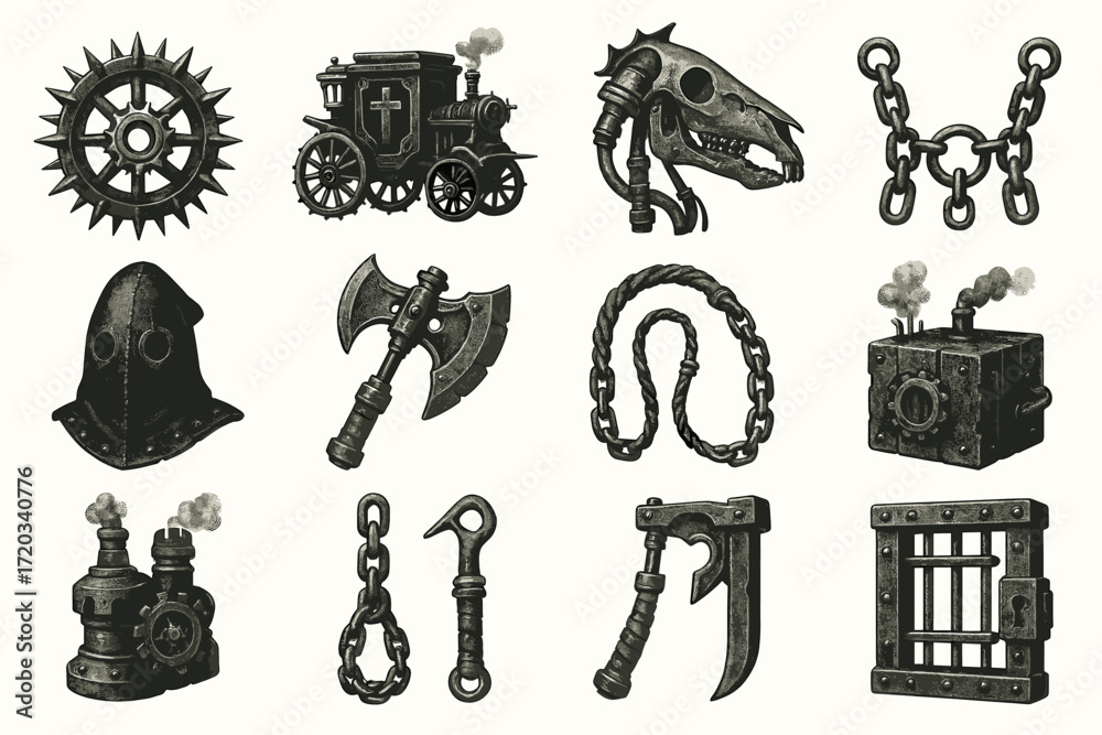 Naklejka premium Steampunk icons: mechanical objects and tools with industrial aesthetic