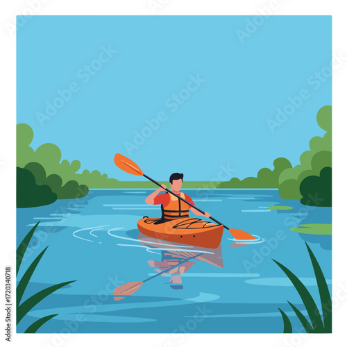 Man kayaking on a lake with trees in background and reeds in the foreground