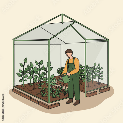 A man waters plants in a greenhouse