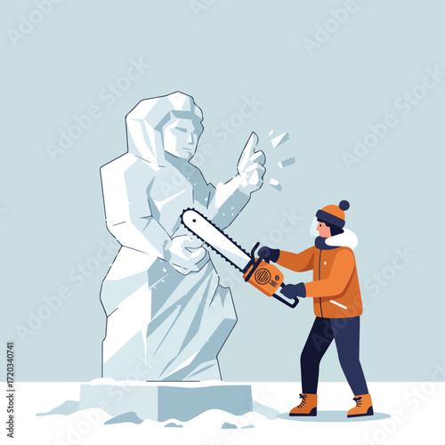 Person sculpting ice statue with chainsaw in winter