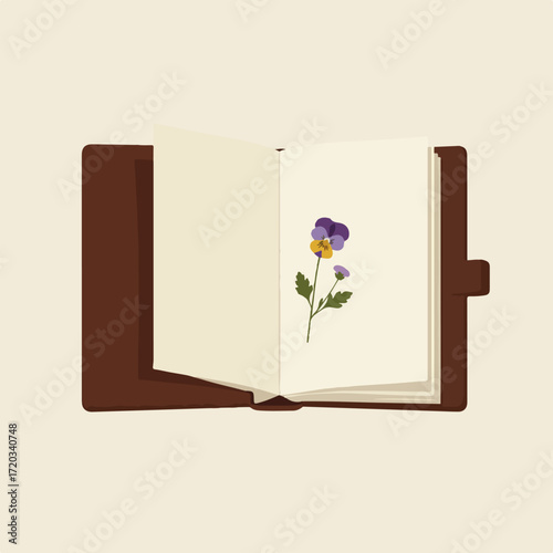 Open journal with pansy flower drawing on blank pages