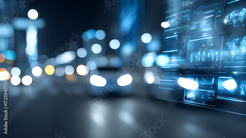 Futuristic city street at night with digital interface overlay displaying data and graphs