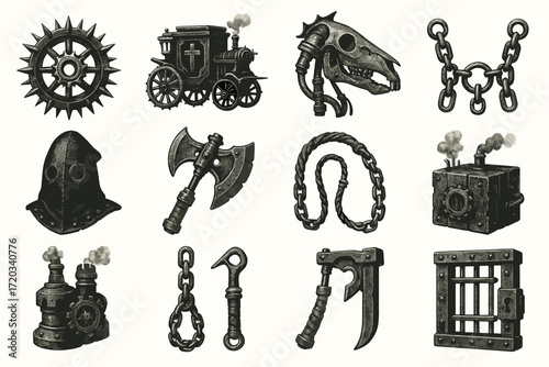 Steampunk icons: mechanical objects and tools with industrial aesthetic