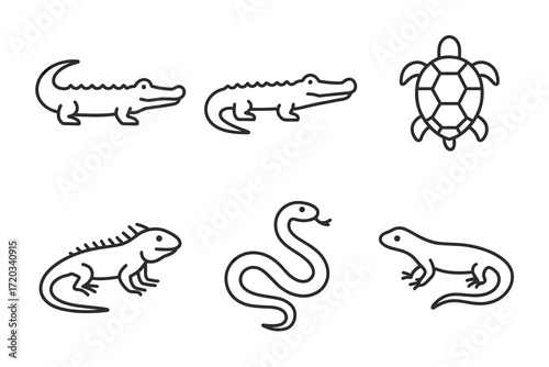 Outline icons of reptiles: crocodile, turtle, iguana, snake, lizard