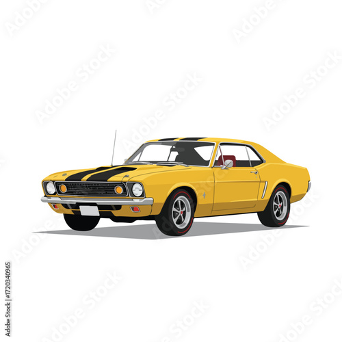 Vector illustration of a yellow classic car with black racing stripes