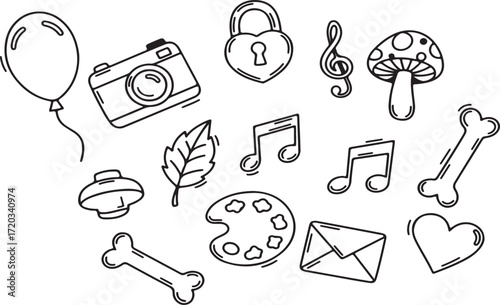 A whimsical assortment of doodles representing life s little joys memories and creative pursuits outlined against a