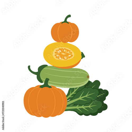 Stacked vegetables with pumpkins, zucchini, squash and green leafy plant