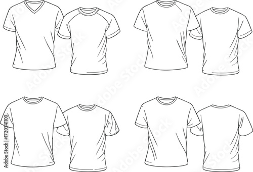 Technical fashion flat sketch of eight t-shirt styles with varied necklines, sleeve designs, and front-back viewsTechnical fashion flat sketch of eight t-shirt styles with varied necklines, 