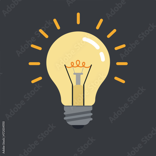 Cartoon lightbulb with illumination lines on a grey background