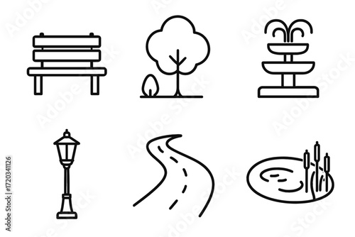 Park elements: bench, tree, fountain, lamp, path, pond line art icons