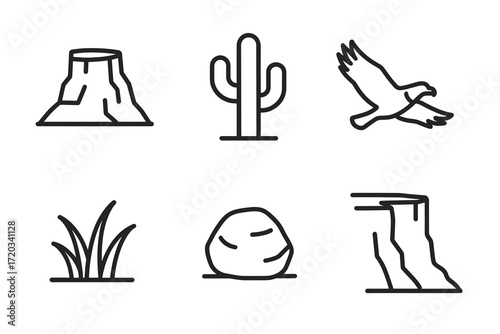 Minimalist desert icons: mountain, cactus, eagle, grass, rock, cliff illustrations