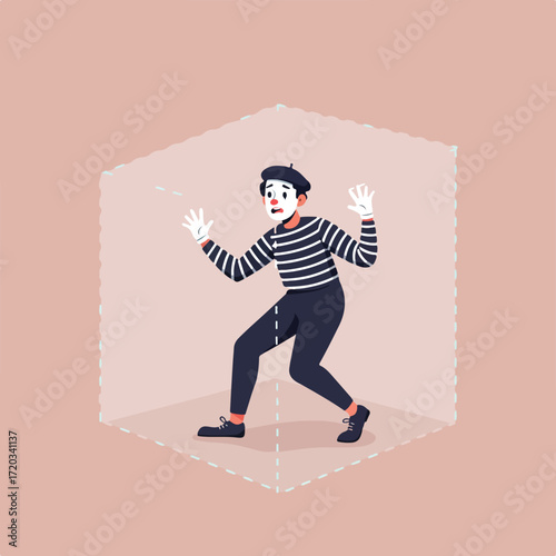Mime trapped within a box, wearing traditional attire and makeup, scared