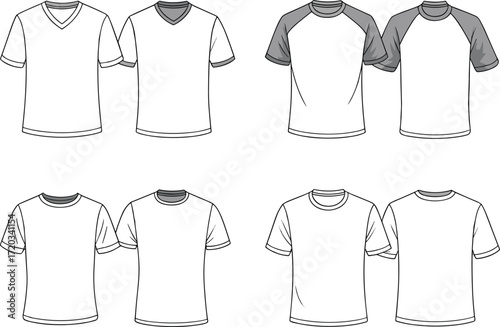Technical fashion flat sketch of eight white t-shirt variations with different necklines, sleeve styles, and fit optionsTechnical fashion flat sketch of eight white t-shirt variations 