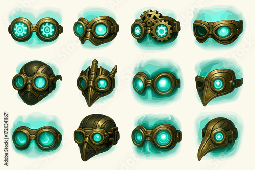 Collection of vintage steampunk goggles and masks with glowing lenses and gear details