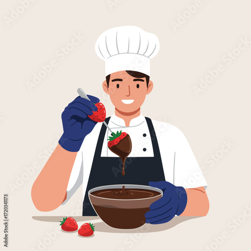 Chef dipping strawberry in chocolate
