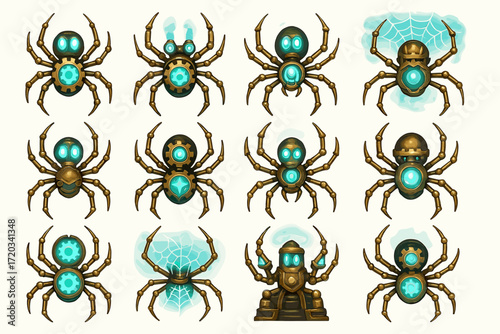 Mechanical steampunk spiders with glowing gears and webs