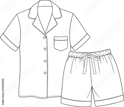 Technical fashion flat sketch of two-piece women’s pajama set with button-up shirt and drawstring shortsTechnical fashion flat sketch of two-piece women’s pajama set 
