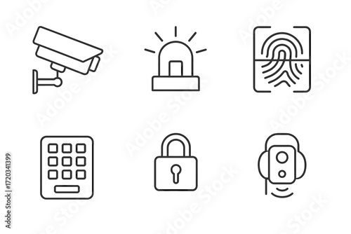 Security icons: camera, alarm, fingerprint, keypad, lock, headphones