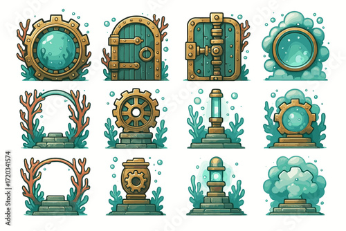 Steampunk aquatic-themed icons with gears and coral motifs in vintage style
