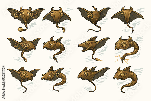 Steampunk mechanical stingrays and serpents with gears and wings illustration
