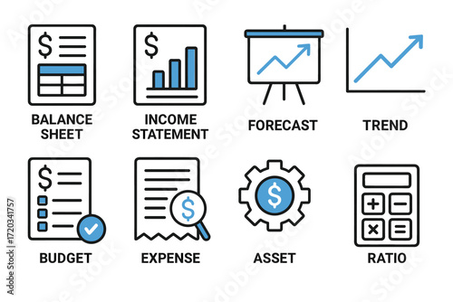 Financial icons: balance sheet, income statement, forecast, trend, budget, expense, asset, ratio
