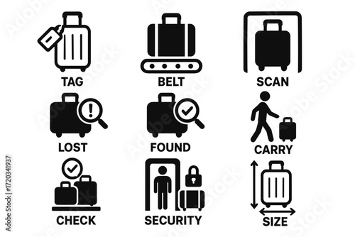 Airport luggage icons: tagging, security, and handling processes