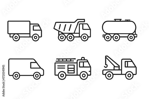 Set of six outline icons of trucks and utility vehicles