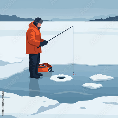 Ice fisherman in orange parka stands by drilled hole on frozen lake